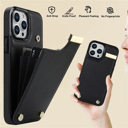For iPhone 15 Pro Cell Phone Case TPU+PU Leather+Metal Phone Cover with Card Holder