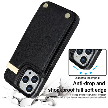For iPhone 15 Pro Cell Phone Case TPU+PU Leather+Metal Phone Cover with Card Holder