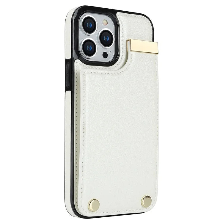 For iPhone 15 Pro Cell Phone Case TPU+PU Leather+Metal Phone Cover with Card Holder