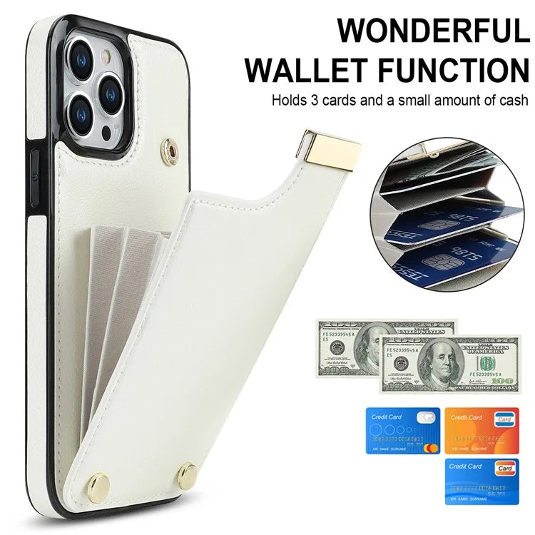 For iPhone 15 Pro Cell Phone Case TPU+PU Leather+Metal Phone Cover with Card Holder