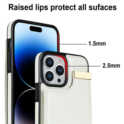 For iPhone 15 Pro Cell Phone Case TPU+PU Leather+Metal Phone Cover with Card Holder