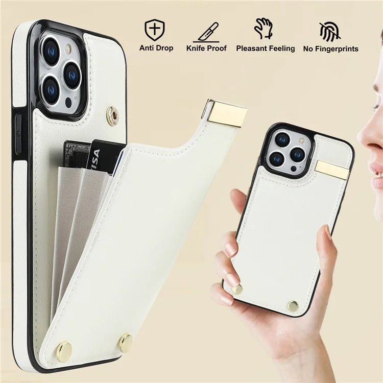 For iPhone 15 Pro Cell Phone Case TPU+PU Leather+Metal Phone Cover with Card Holder