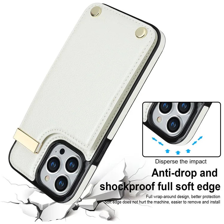 For iPhone 15 Pro Cell Phone Case TPU+PU Leather+Metal Phone Cover with Card Holder