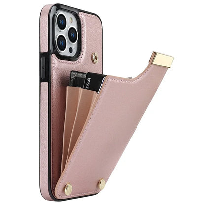 For iPhone 15 Pro Cell Phone Case TPU+PU Leather+Metal Phone Cover with Card Holder