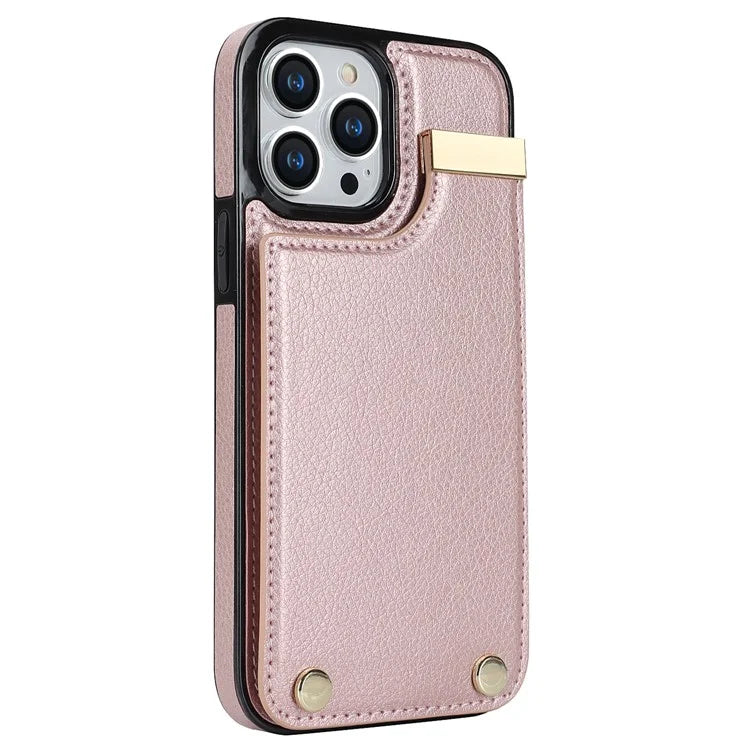 For iPhone 15 Pro Cell Phone Case TPU+PU Leather+Metal Phone Cover with Card Holder