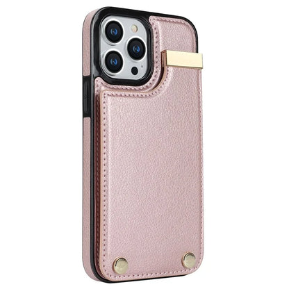 For iPhone 15 Pro Cell Phone Case TPU+PU Leather+Metal Phone Cover with Card Holder