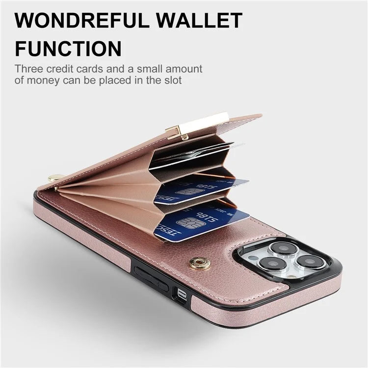For iPhone 15 Pro Cell Phone Case TPU+PU Leather+Metal Phone Cover with Card Holder