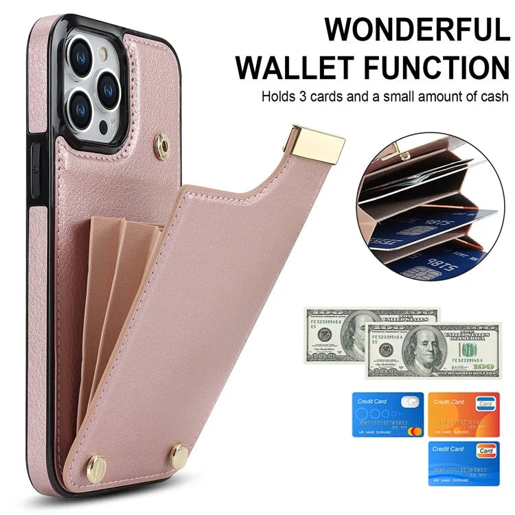 For iPhone 15 Pro Cell Phone Case TPU+PU Leather+Metal Phone Cover with Card Holder