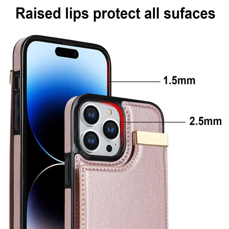 For iPhone 15 Pro Cell Phone Case TPU+PU Leather+Metal Phone Cover with Card Holder