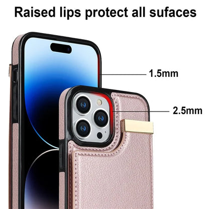For iPhone 15 Pro Cell Phone Case TPU+PU Leather+Metal Phone Cover with Card Holder