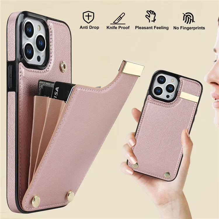 For iPhone 15 Pro Cell Phone Case TPU+PU Leather+Metal Phone Cover with Card Holder