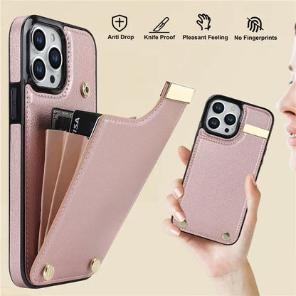 For iPhone 15 Pro Cell Phone Case TPU+PU Leather+Metal Phone Cover with Card Holder
