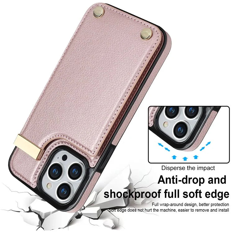For iPhone 15 Pro Cell Phone Case TPU+PU Leather+Metal Phone Cover with Card Holder