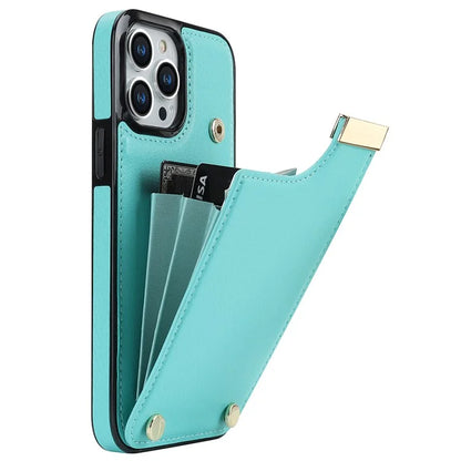 For iPhone 15 Pro Cell Phone Case TPU+PU Leather+Metal Phone Cover with Card Holder