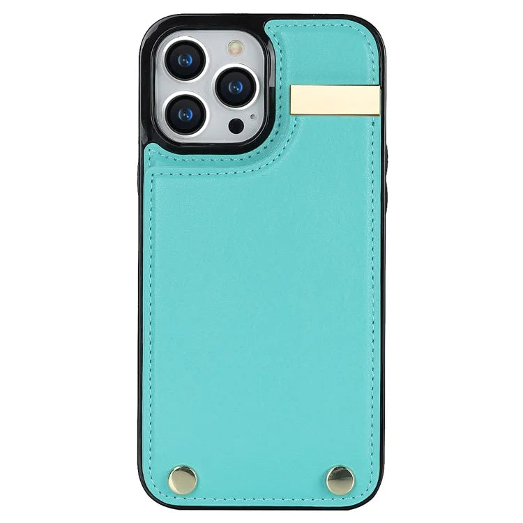 For iPhone 15 Pro Cell Phone Case TPU+PU Leather+Metal Phone Cover with Card Holder