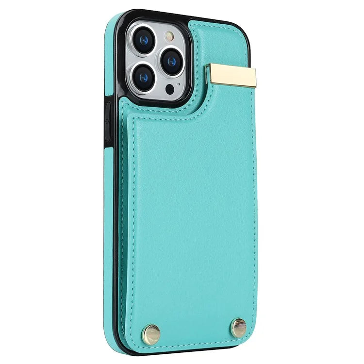 For iPhone 15 Pro Cell Phone Case TPU+PU Leather+Metal Phone Cover with Card Holder