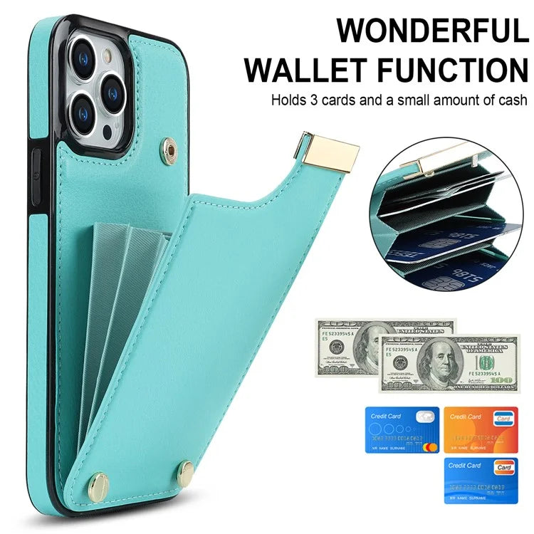 For iPhone 15 Pro Cell Phone Case TPU+PU Leather+Metal Phone Cover with Card Holder