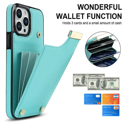 For iPhone 15 Pro Cell Phone Case TPU+PU Leather+Metal Phone Cover with Card Holder