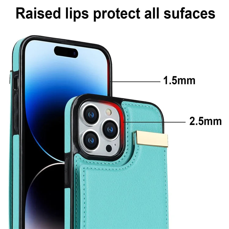 For iPhone 15 Pro Cell Phone Case TPU+PU Leather+Metal Phone Cover with Card Holder