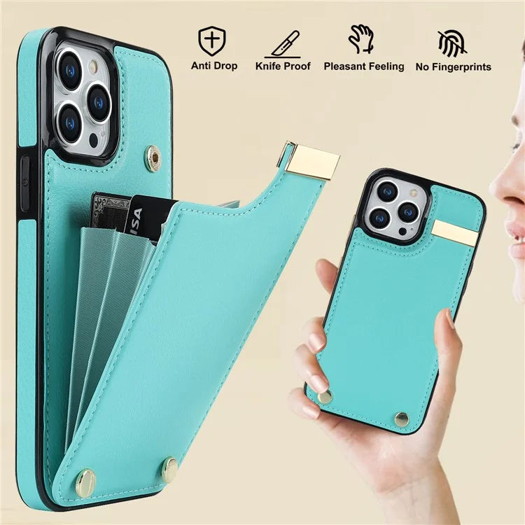 For iPhone 15 Pro Cell Phone Case TPU+PU Leather+Metal Phone Cover with Card Holder
