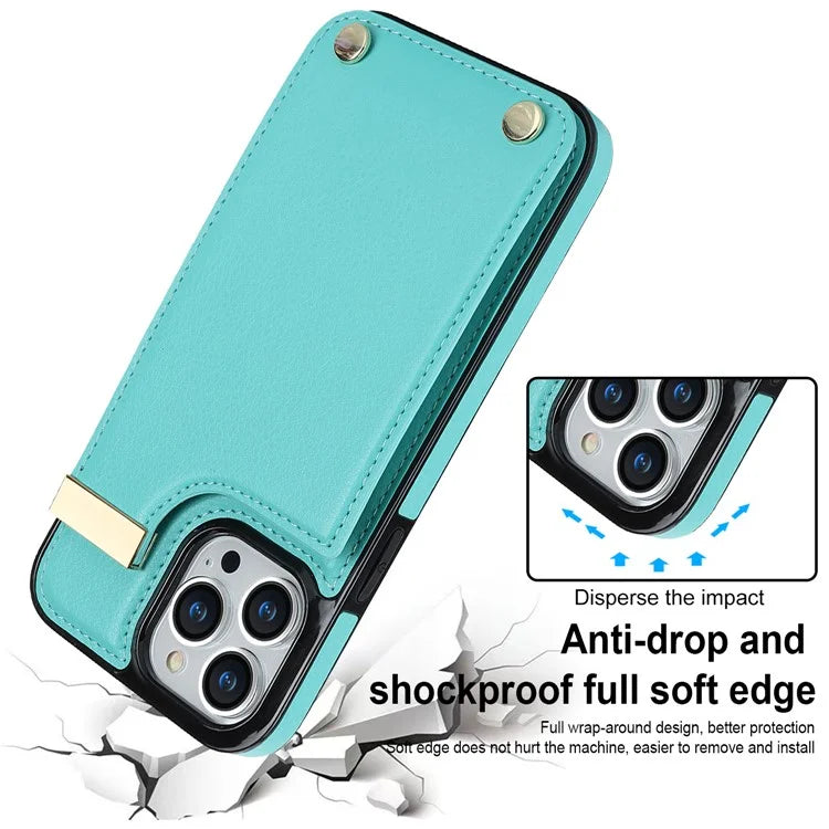 For iPhone 15 Pro Cell Phone Case TPU+PU Leather+Metal Phone Cover with Card Holder