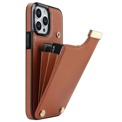For iPhone 15 Pro Cell Phone Case TPU+PU Leather+Metal Phone Cover with Card Holder
