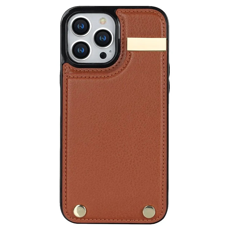 For iPhone 15 Pro Cell Phone Case TPU+PU Leather+Metal Phone Cover with Card Holder