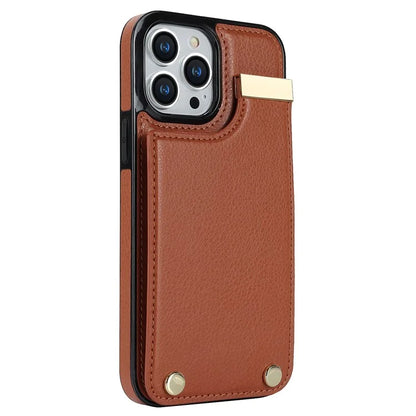 For iPhone 15 Pro Cell Phone Case TPU+PU Leather+Metal Phone Cover with Card Holder