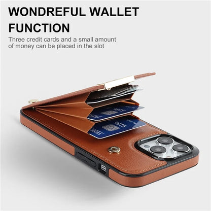 For iPhone 15 Pro Cell Phone Case TPU+PU Leather+Metal Phone Cover with Card Holder