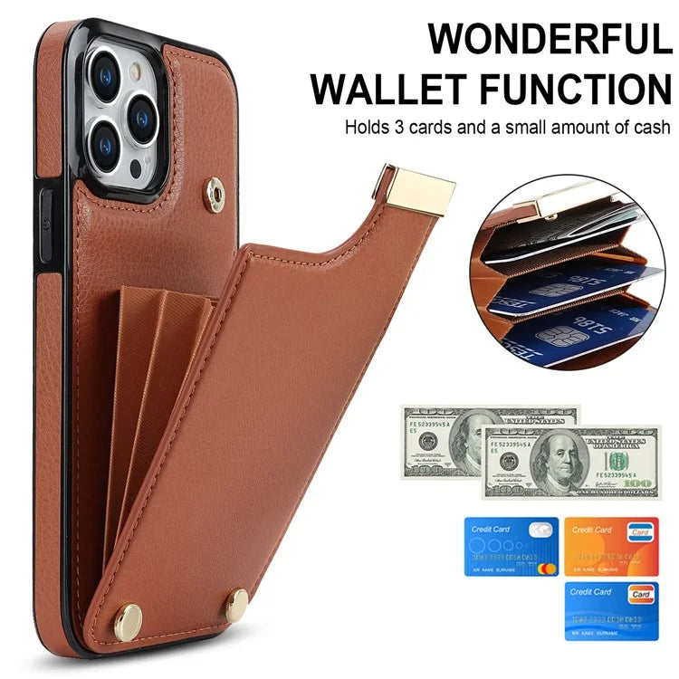 For iPhone 15 Pro Cell Phone Case TPU+PU Leather+Metal Phone Cover with Card Holder