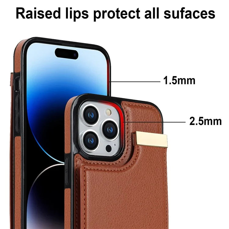 For iPhone 15 Pro Cell Phone Case TPU+PU Leather+Metal Phone Cover with Card Holder
