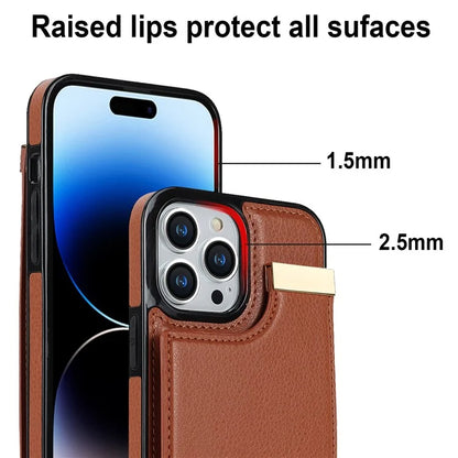 For iPhone 15 Pro Cell Phone Case TPU+PU Leather+Metal Phone Cover with Card Holder