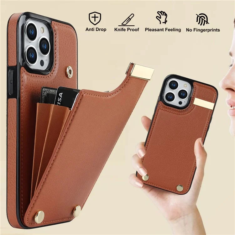 For iPhone 15 Pro Cell Phone Case TPU+PU Leather+Metal Phone Cover with Card Holder