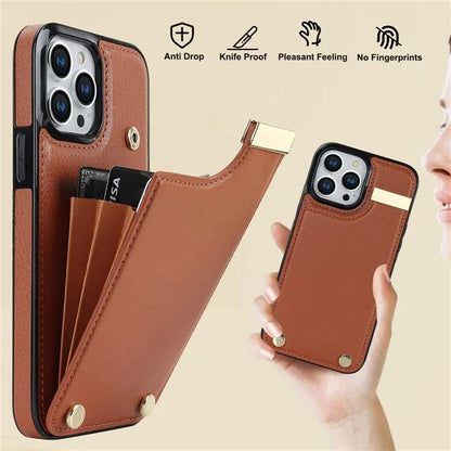 For iPhone 15 Pro Cell Phone Case TPU+PU Leather+Metal Phone Cover with Card Holder