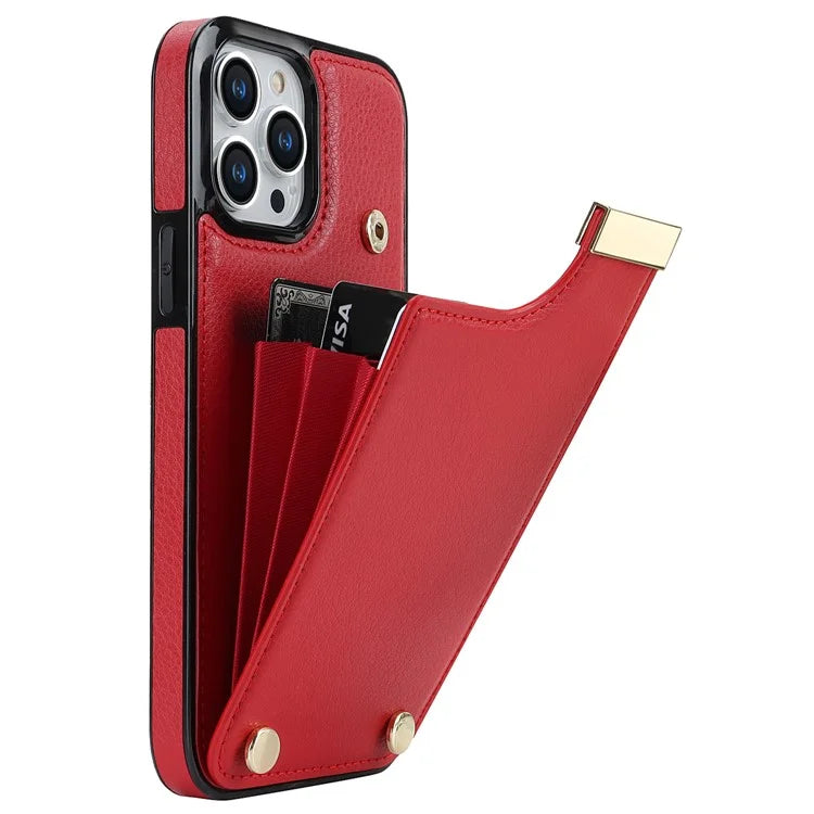 For iPhone 15 Pro Cell Phone Case TPU+PU Leather+Metal Phone Cover with Card Holder