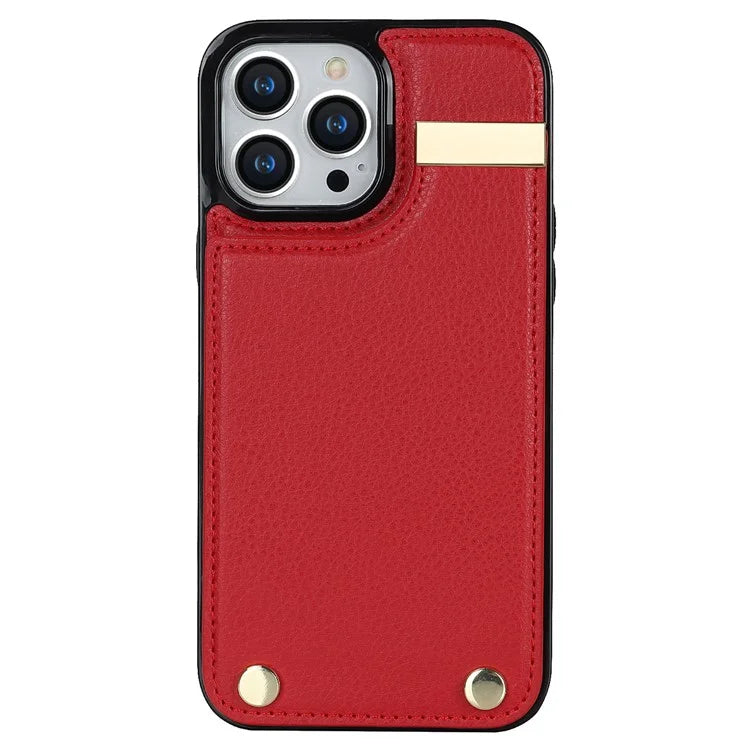 For iPhone 15 Pro Cell Phone Case TPU+PU Leather+Metal Phone Cover with Card Holder