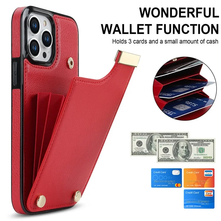 For iPhone 15 Pro Cell Phone Case TPU+PU Leather+Metal Phone Cover with Card Holder