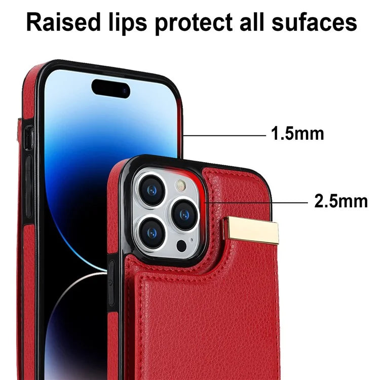 For iPhone 15 Pro Cell Phone Case TPU+PU Leather+Metal Phone Cover with Card Holder