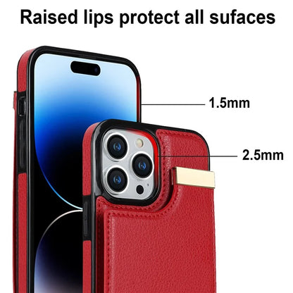 For iPhone 15 Pro Cell Phone Case TPU+PU Leather+Metal Phone Cover with Card Holder