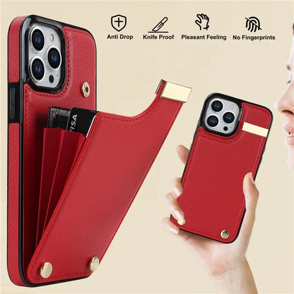 For iPhone 15 Pro Cell Phone Case TPU+PU Leather+Metal Phone Cover with Card Holder