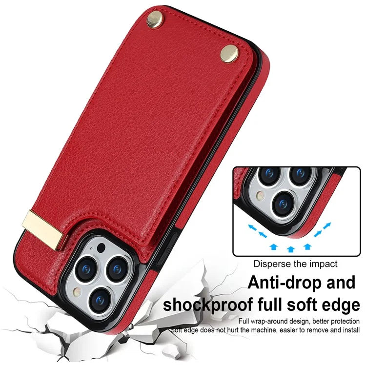 For iPhone 15 Pro Cell Phone Case TPU+PU Leather+Metal Phone Cover with Card Holder