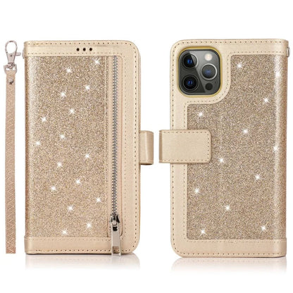 For iPhone 15 Pro Max Cell Phone Case Glitter Powder 9 Card Holder Leather Cover