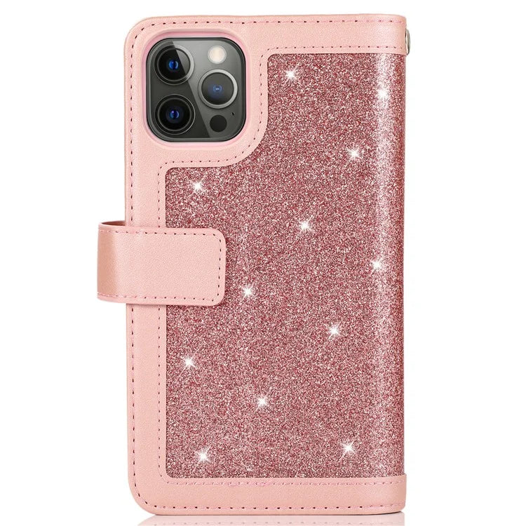 For iPhone 15 Pro Max Cell Phone Case Glitter Powder 9 Card Holder Leather Cover