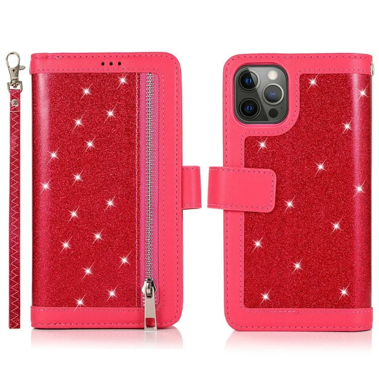 For iPhone 15 Pro Max Cell Phone Case Glitter Powder 9 Card Holder Leather Cover