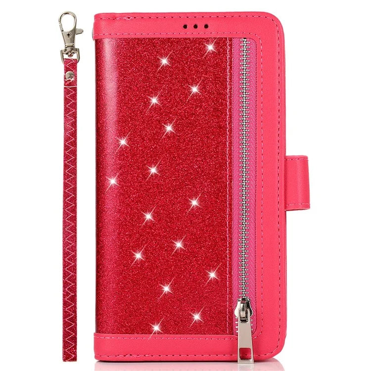 For iPhone 15 Pro Max Cell Phone Case Glitter Powder 9 Card Holder Leather Cover