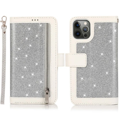 For iPhone 15 Pro Max Cell Phone Case Glitter Powder 9 Card Holder Leather Cover