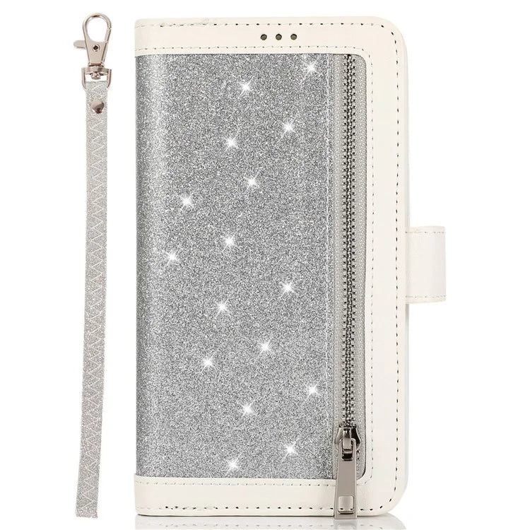 For iPhone 15 Pro Max Cell Phone Case Glitter Powder 9 Card Holder Leather Cover