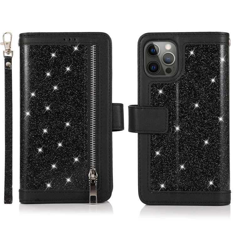 For iPhone 13 Pro Max PU Leather Cell Phone Case with Strap 9 Card Holder Cover