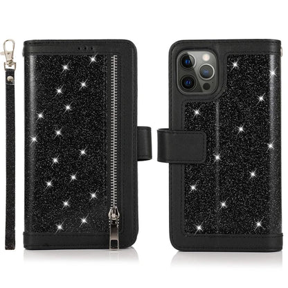 For iPhone 15 Pro PU Leather Cell Phone Case with Strap 9 Card Holder Anti-drop Cover