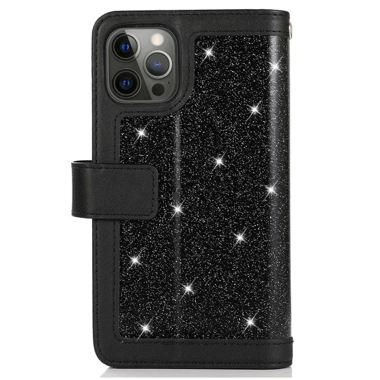 For iPhone 15 Pro PU Leather Cell Phone Case with Strap 9 Card Holder Anti-drop Cover